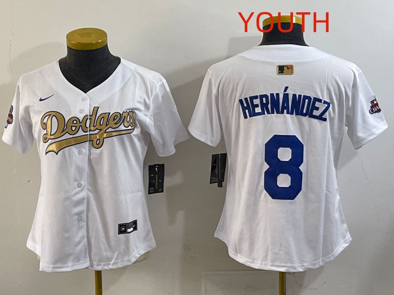 Youth Los Angeles Dodgers #8 Hernandez White Champion edition Nike MLB Jersey style 001->youth mlb jersey->Youth Jersey